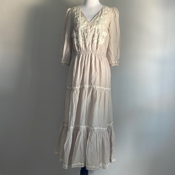 🆕NWT Lucky Brand Embroidered 3/4 Sleeves Tiered V-Neck MIDI Dress - Picture 4 of 11